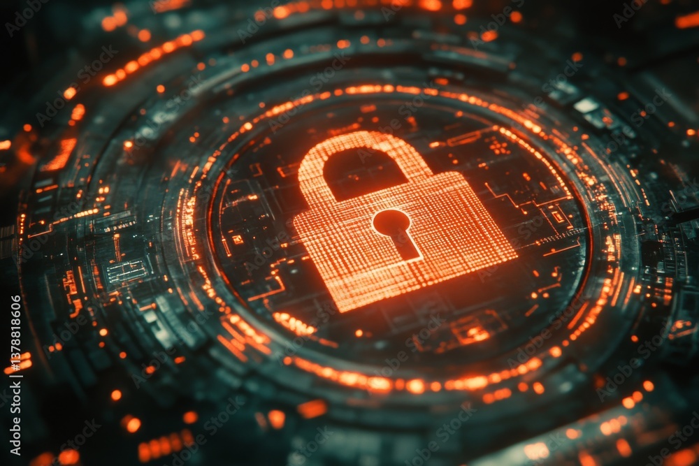 Poster this close-up displays a glowing padlock icon surrounded by intricate circuits, symbolizing digital 