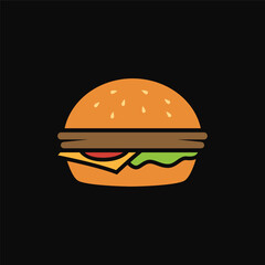 Cartoon delicious big hamburger with cheese and sesame seeds isolated on a black background illustration vector design