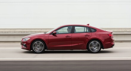 sleek red car driving on a road  