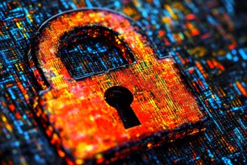 A vibrant close-up of a padlock icon highlights the themes of security and technology against a colorful digital backdrop filled with abstract patterns Generative AI