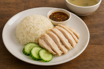 Delicious chicken rice dish featuring sliced chicken, steamed rice, fresh cucumber, and dipping sauce, perfect for satisfying