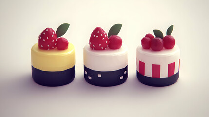 Three Miniature Pixel Art Cakes Topped with Strawberries and Cherries on a White Background with Soft Lighting and Pastel Colors