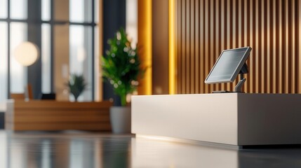 Fototapeta premium Bank lobby with closedcircuit cameras monitoring customer transactions, realtime footage being reviewed in the security room, warm morning sun
