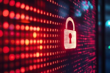 A glowing red lock symbol is prominently displayed on a digital screen made up of bright dots. This scene suggests a focus on security technology at night Generative AI