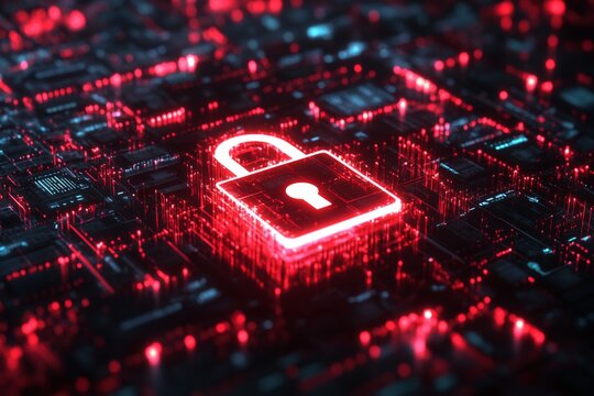 A glowing red padlock symbol is prominently displayed on a dark digital background filled with intricate circuitry, representing data security in technology Generative AI