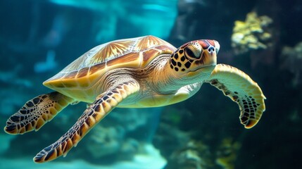 Fototapeta premium A turtle swimming in a clear ocean, emphasizing the conservation of marine life. generative ai