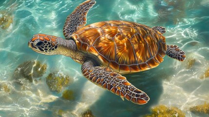 Obraz premium A turtle swimming in a clear ocean, emphasizing the conservation of marine life. generative ai