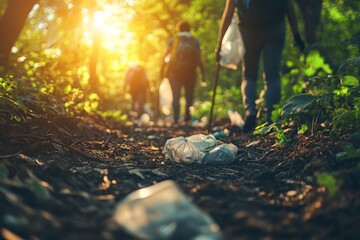 Volunteers are actively cleaning a nature trail by picking up litter in a wooded area as the sun sets, creating a warm, golden atmosphere Generative AI
