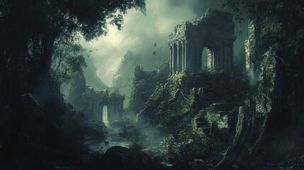 Ruins in a mysterious forest with dramatic lighting, capturing the history, fantasy, and adventure background