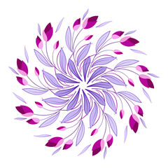 Gentle round ornament of tulips. Cute decor of pink purple leaves and flowers. Swirling plant mandala of curved leaves and flowers. Floral wreath on white background. Ornate spring bouquet of flowers
