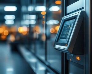 ATM area outside the bank with CCTV cameras monitoring cash withdrawals, realtime footage displayed on nearby monitors, late afternoon light