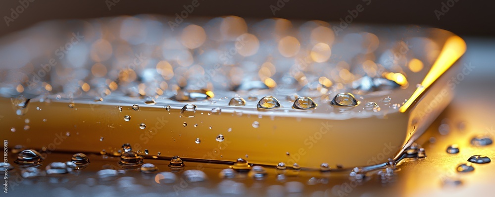 Poster close-up of a drink surface with droplets, highlighting refreshing texture and elegance in soft ligh