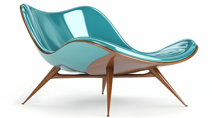 Turquoise Lounge Chair with Glossy Finish on Wooden Legs Against White Background Stylish and Comfortable Seating for Modern Interiors and Relaxation