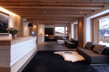 A luxurious modern lodge interior with wood and a fireplace
