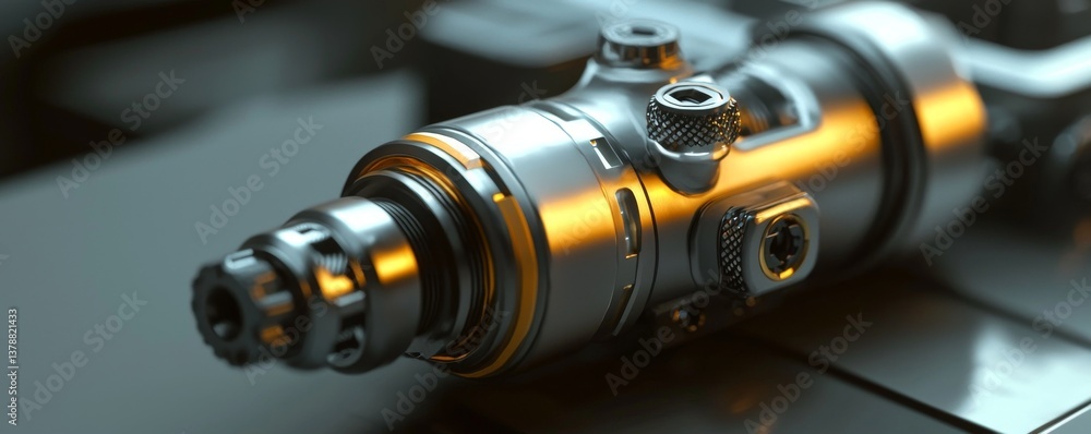 Poster close-up of a precision engineered mechanical component, showcasing intricate details and modern tec
