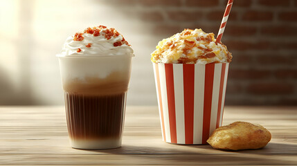 Two Beverages One Caramel Popcorn and Coffee with Cream Topping on a Wooden Table with a Brick Background in Warm Lighting