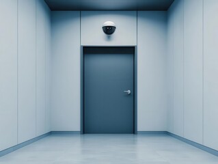 Bank entrance with sleek closedcircuit cameras monitoring customers entering, live footage displayed on security monitors, soft evening glow