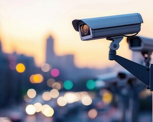 Highsecurity bank exterior with surveillance cameras monitoring access points, live feeds streamed to the security office, early morning light