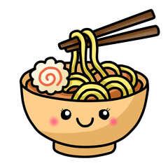 Cute cartoon bowl of noodles with cheerful face, chopsticks, and garnished with fish cake, perfect for food illustrations and playful designs