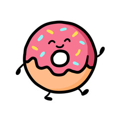 Cute and Colorful Cartoon Donut with Pink Frosting and Sprinkles on Black Background for Fun and Whimsical Design Projects