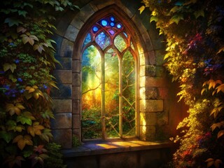 Fototapeta premium Ancient Church Stained Glass Window Hidden by Ivy - Gothic Architecture, Religious Art, Historical Building