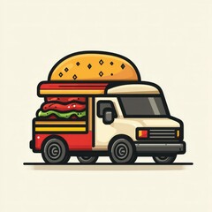 Food truck serving giant burger with colorful toppings on a sunny day in the city