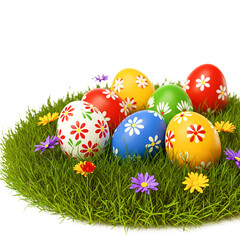 Collection of Colorful and Pattern Easter Eggs Celebrating a Happy Easter Laying in Green Meadow Grass and Wildflowers Against an Isolated Transparent Background PNG