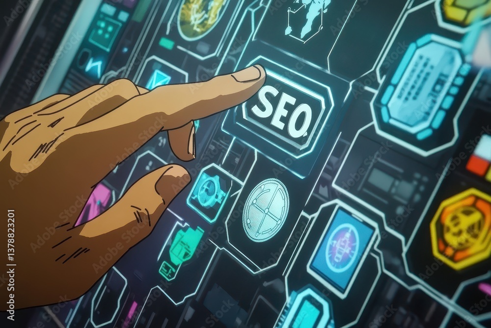 Poster a businessman's fingertip touches a screen with 