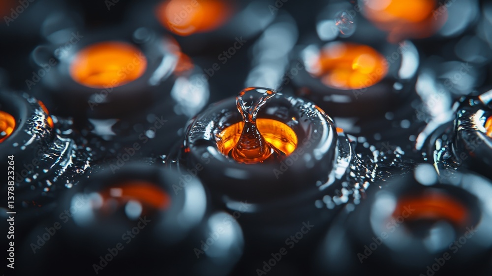 Poster close-up view of mechanical components with orange liquid droplets, highlighting intricate details a
