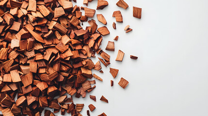 A collection of whole sandalwood chips spread out evenly on a white background, their smooth texture and natural tones enhancing the calming atmosphere.