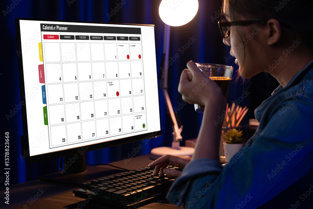 Poster calendar on computer software application for brisk schedule planning for personal organizer and onl
