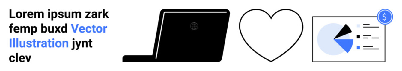 Black laptop, heart outline, and data chart with dollar sign. Ideal for technology, creativity, finance, data analysis, business strategy, marketing simple landing page