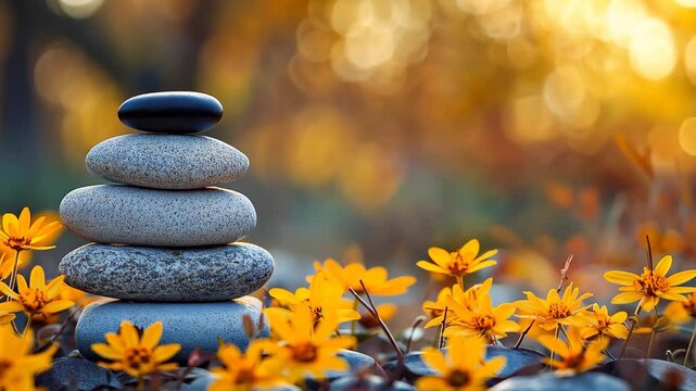 Balanced zen stones stack surrounded by yellow autumn leaves in tranquil forest setting