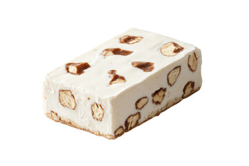 Obraz premium Delicious nougat bar with nuts and caramel chunks on white background, cut out