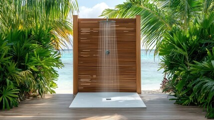 Outdoor shower with bamboo flooring and a handcrafted wooden screen, surrounded by tropical plants, isolated, outdoor shower, charming island escape