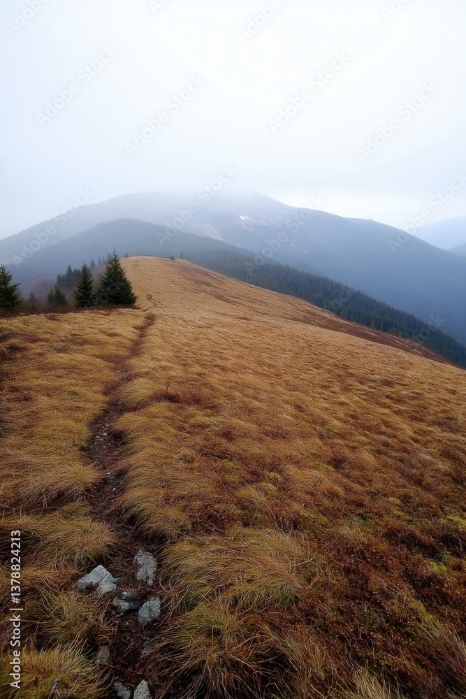 Poster a mountain with a path leading up to it. the path is covered in grass and there are trees in the dis