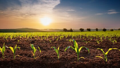 corn seedling on an cornfield plantation in the evening