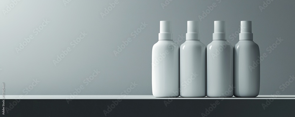 Poster four minimalistic white bottles arranged on a shelf against a muted backdrop, perfect for modern des