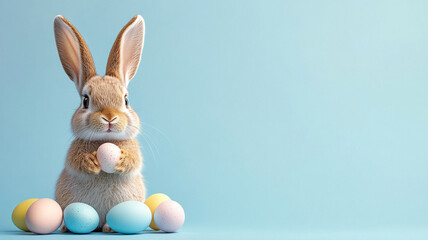 Fototapeta premium Cute Bunny with Pastel Easter Eggs on Blue Background