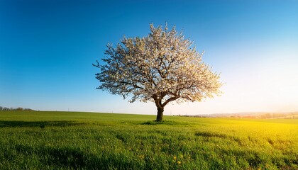 Fototapeta premium blooming tree on a green meadow isolated tree in nature or landscape on horizon with clear blue sky without clouds cherry tree with white flowers without leaves illuminated by the setting sun