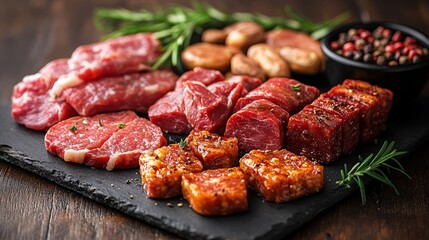 Raw meat artistry on slate. Rich marbling, vibrant pepper, and fresh greenery create a rustic, delicious scene