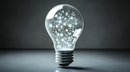 Illuminating light bulb glowing with stars inside, symbolizing innovation, ideas, and creativity in technology and design.