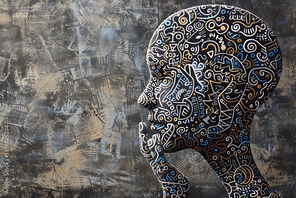 Poster a skeptical mind with intricate, analytical patterns and questioning symbols reflecting doubt and sc