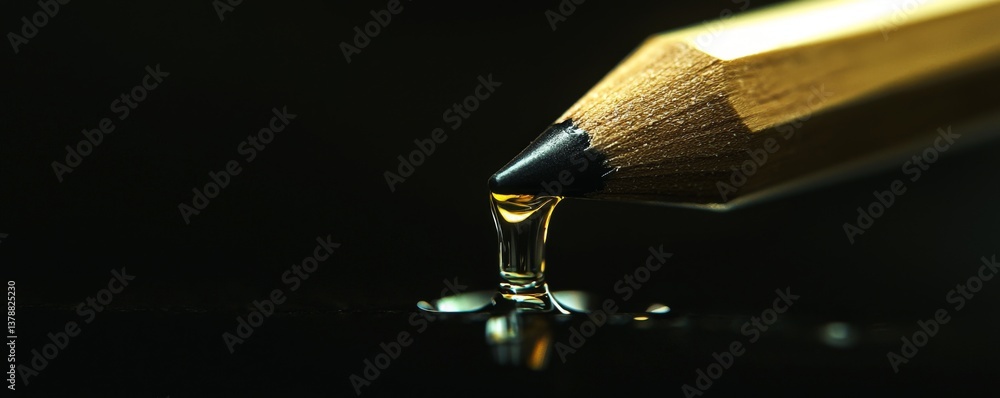 Poster macro close-up of a sharpened pencil with a droplet of liquid, highlighting creativity and artistic 