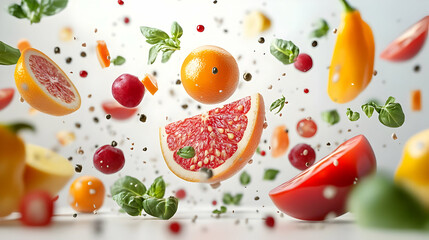 Vibrant Assortment of Fresh Fruits and Vegetables Suspended in Air Against a Clean White Background Creating a Dynamic and Colorful Food Composition