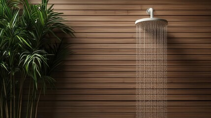 Outdoor shower with wood panel walls and soft lighting, set against a backdrop of bamboo, isolated, outdoor shower, luxurious tropical oasis