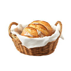 A loaf of bread resting in a wicker basket with a white cloth inside it