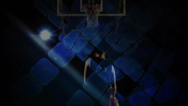 Basketball player shooting hoop over abstract blue geometric pattern animation