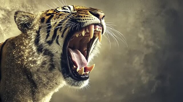 Majestic tiger roaring with fierce intensity against a dramatic cloudy backdrop, showcasing wildlife power