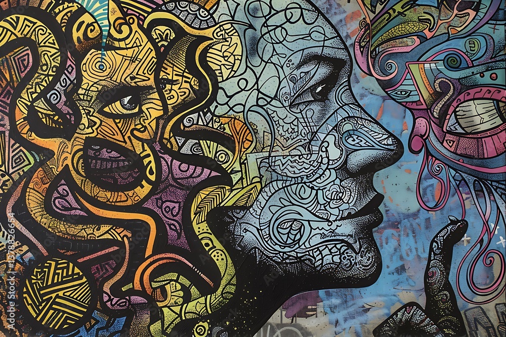 Poster a skeptical mind with intricate, analytical patterns and questioning symbols reflecting doubt and sc